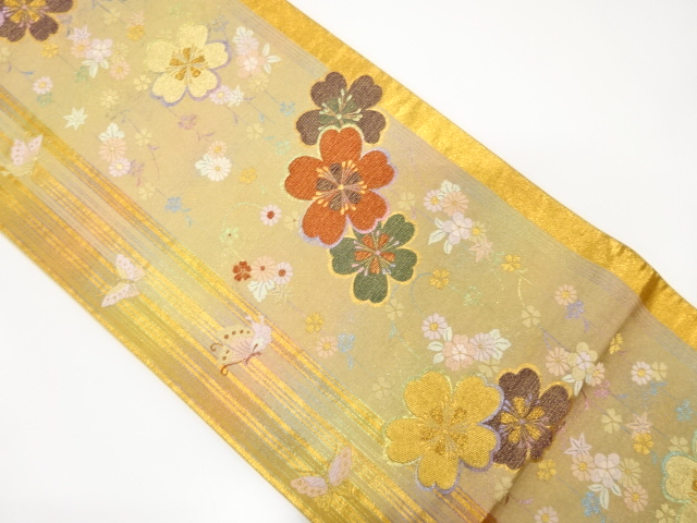 アンティーク　縞に枝垂れ桜・蝶模様織り出し袋帯（材料）